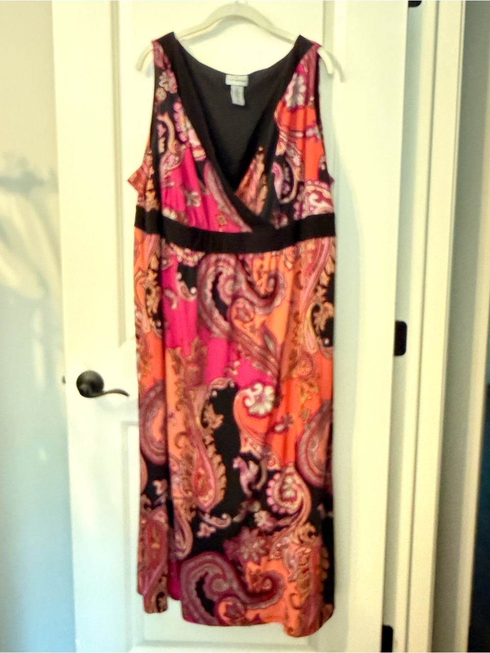 Catherines Sleeveless Paisley Maxi Dress in Pink & Orange with Black Trim